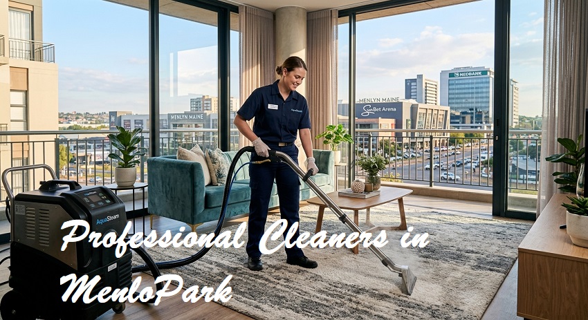 Professional carpet cleaning service in a modern Menlo Park apartment.
